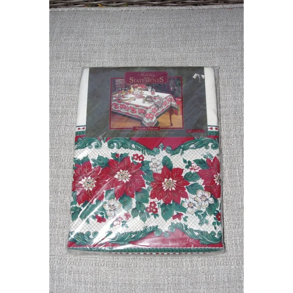 Vtg 90s Christmas Fashion Industries Poinsettia Elegance Tablecloth NOS 60 x 118